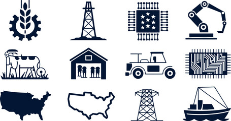 Monochrome illustration of industry and agriculture icons, , featuring wheat, oil rig, microchip, robotic arm, cow, barn, tractor, and boat