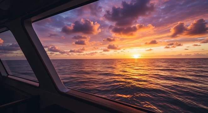Breathtaking ocean sunset view from a ship's window, showcasing vibrant colors and peaceful