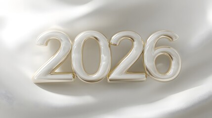 Happy New Year 2026 Text on white silk background.