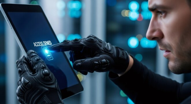 Man in black tactical gloves attempts to bypass denied access on a digital tablet. Concept of data breach and cybercrime.