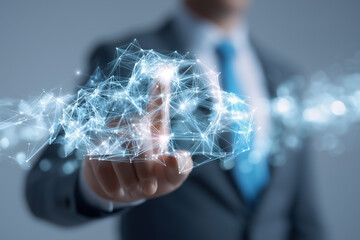 Cloud Connection: Man in suit interacts with a digital network cloud, representing innovation, communication, and technological advancement.