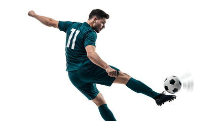 Athletic soccer player in green uniform kicking ball with intense focus against white background