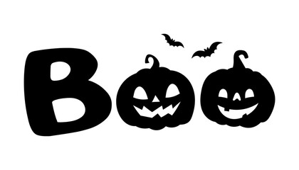 Boo. Traditional Halloween scary phrase with pumpkins and bats. Holiday design element, quote for poster and greeting card or invitation.