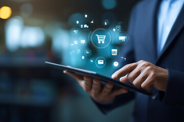 E-commerce on Tablet: Man in suit navigates online shopping with illuminated interface. Digital retail and mobile commerce solutions.