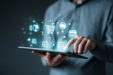 Digital shopping: Person uses tablet for seamless online purchase with glowing shopping cart interface and digital tools.