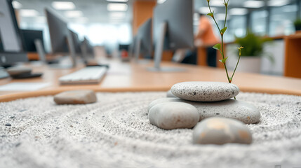 Closeup of a desktop zen garden in an office setting, showcasing serene elements like smooth stones and raked sand, symbolizing stress relief