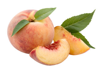 Delicious fresh peaches, one whole and two slices, featuring vibrant green leaves, are isolated on a transparent png background.