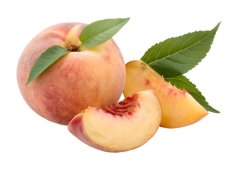 Delicious fresh peaches, one whole and two slices, featuring vibrant green leaves, are isolated on a transparent png background.