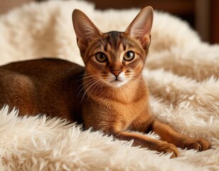A cat lies on a furry cream blanket. Cute fluffy pet. Poster, sticker, card.