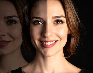 Woman's face, split image, light & dark