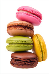 Tower of colorful macaroons stacked on each other. Pink, brown, green, and yellow treats against white backdrop. Sweet confectionary delights.