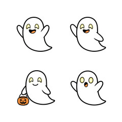 Obraz premium Four cute cartoon ghosts in various poses, including waving, holding a pumpkin, and looking surprised, perfect for Halloween designs.