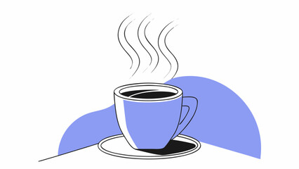 Illustration of a steaming cup of coffee on a saucer with a light purple background design element on transparent background silhouette