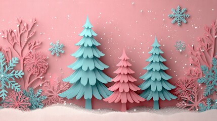 Pastel 3D paper cutout Christmas trees in pink and turquoise with delicate snowflakes on soft pink background festive winter holiday backdrop for cards invitations packaging mockups and social media