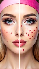Woman's face with and without skin blemishes