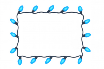 Blue christmas string lights forming a decorative rectangle border. Creating a festive holiday season design element. Transparent background