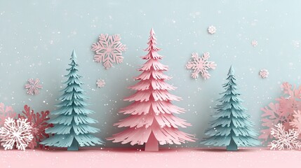 Pastel 3D paper cutout Christmas trees in pink and turquoise with delicate snowflakes on soft pink background festive winter holiday backdrop for cards invitations packaging mockups and social media