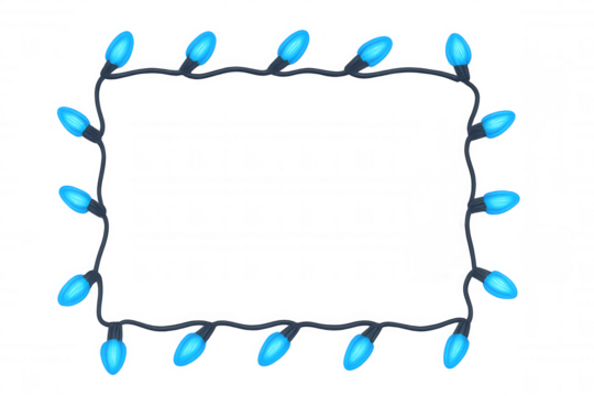 Blue christmas string lights forming a decorative rectangle border. Creating a festive holiday season design element. Transparent background
