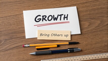 Growth message on paper with pen pencils and wooden block