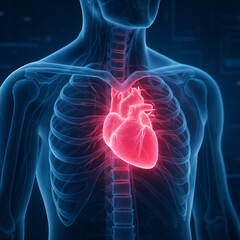 AI generated ultra realistic medical illustration showing glowing human heart anatomy with detailed rib cage and blood vessels in futuristic digital scan style for healthcare and science concepts