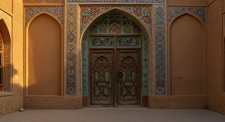 Ornate wooden doorway with arched design and decorative wall panels