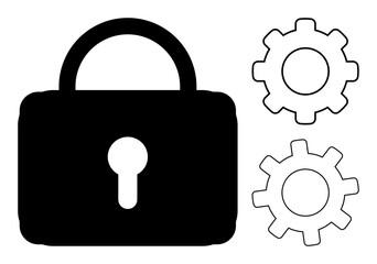 Black padlock alongside two gears symbolize concepts of security, system operations, technical troubleshooting. Ideal for cybersecurity, data protection, system engineering, innovation, process