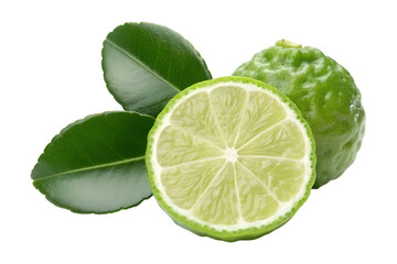Fresh green bergamot fruit, whole and a sliced half, rests with vibrant leaves, isolated on a transparent background, ideal for png.