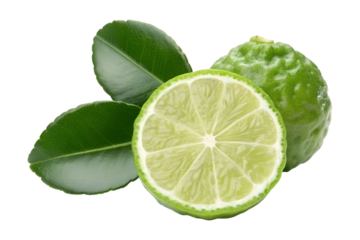 Fresh green bergamot fruit, whole and a sliced half, rests with vibrant leaves, isolated on a transparent background, ideal for png.