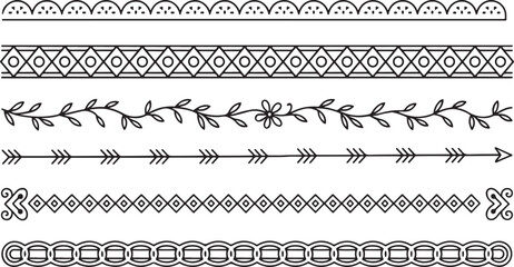 A set of decorative borders, featuring various designs such as scalloped edges, geometric patterns, floral vines, arrow lines, and ornamental details for creative projects