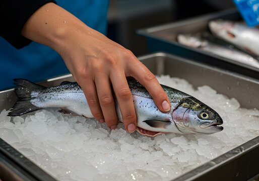 Close-up of hands carefully placing a fresh, glistening rainbow trout onto a pristine bed of crushed ice in a metal tray, highlighting the quality and meticulous handling of seafood - Powered by Adobe