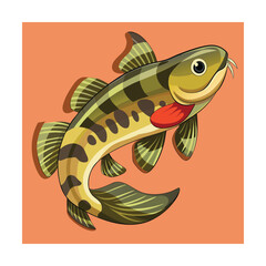 Speckled Green and Yellow Fish with Red Gills on Orange Background