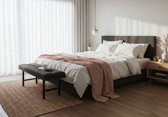 Inviting Modern Bedroom with Pink Knitted Throw, Natural Light, and Minimalist Scandinavian Design