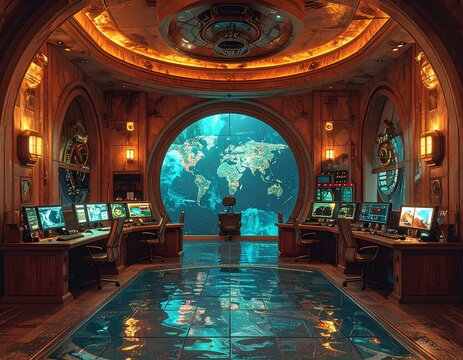 Luxurious High Tech Command Center with Illuminated World Map Display and Workstations.