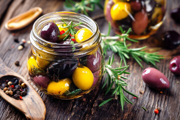 Marinated Olives: A vibrant mix of colors and flavors, preserved in a jar with aromatic herbs and spices on rustic wooden table.