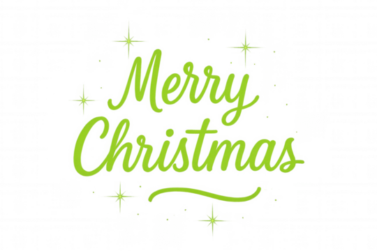 Merry christmas custom calligraphy text in green with sparkling stars, holiday seasonal greeting, transparent background