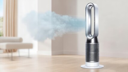 Modern Dyson Fan Circulating Cool Air in a Bright Living Room.