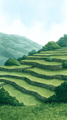Captivating Serene Landscape of Terraced Green Hills and Stone Walls, Perfect for Nature Lovers Seeking Tranquility and Beauty in Rural Scenery