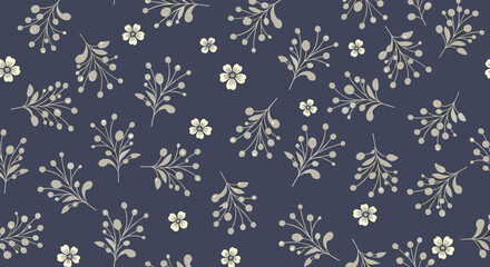 A repeating pattern of delicate floral branches and small blossoms on a deep blue background.