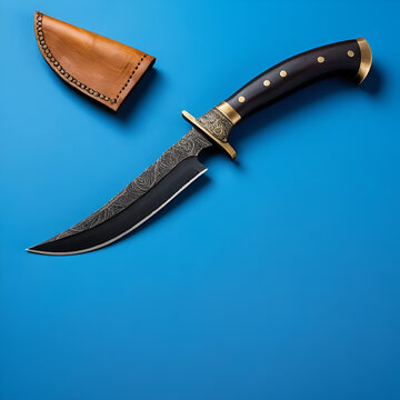 Ancient curved kukri knife on a blue background, small knives with a wooden handle