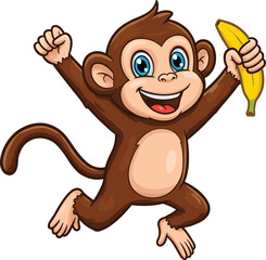 Cartoon monkey, happy expression, jumping pose, holding banana, playful character, white background, blue eyes, smiling animal, energetic, fun, jungle, cute