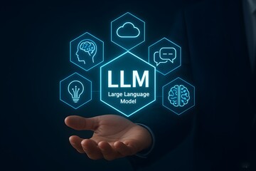 Visualization of the ecosystem of an LLM, illustrating its connection to various technological elements, including data processing, machine learning, cloud services, and dialogue generation.