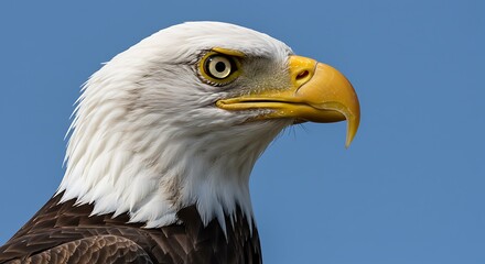 Majestic bald eagle profile against blue sky background