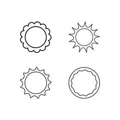 Collection of four simple line art sun icons with different stylized rays and outlines on a white background
