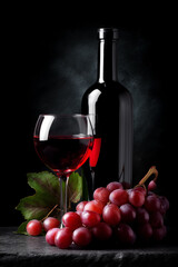 Fototapeta premium Elegant still life featuring a glass of red wine, a bottle, and fresh grapes against a dark backdrop, perfect for wine enthusiasts.