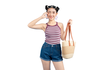 Portrait young Asian woman winking while enjoying sunny day on PNG