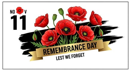 Solemn Remembrance Day vector illustration with red poppies and 'Lest We Forget' text for national commemoration