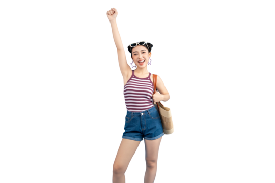 Portrait of an Asian woman triumphantly raising her arm, exuding energy and enthusiasm on PNG