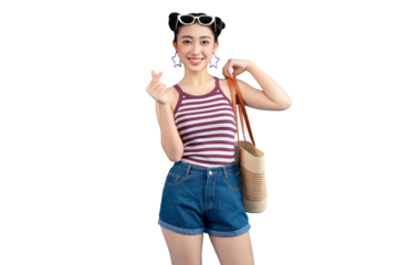 Portrait of a cheerful young woman smiling. She is wearing sunglasses and a casual outfit. The image is a PNG