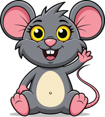 Cartoon mouse character, cute animal illustration, waving pose, big eyes, pink ears, sitting position, children’s vector, white background, smiling rodent