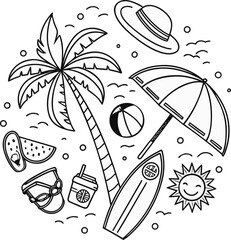 Whimsical Beach Day Illustration Featuring Palm Trees, Surfboards, Sun Umbrellas and Various Seaside Elements in a Black and White Style